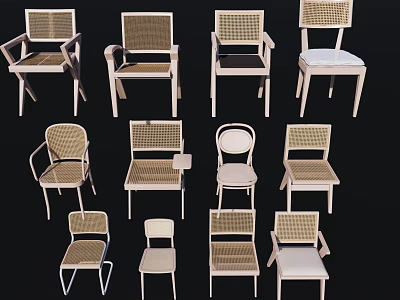 Various Stylish Leisure Chairs With Rattan Seats And Wooden Frame Designs 3d model