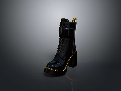 Black Lace Up Knee High Leather Boots With Chunky Heel And Yellow Stitching 3d model