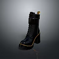 Black Lace Up Knee High Leather Boots With Chunky Heel And Yellow Stitching