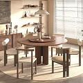 Round Wooden Dining Table Set with Four Chairs Pendant Light Area Rug and Potted Plant