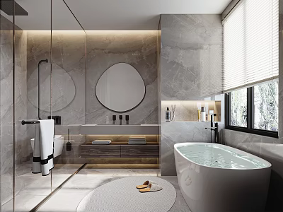 Luxurious Bathroom Interior With Marble Walls Glass Shower Enclosure Round Mirrors And Freestanding Bathtub 3d model