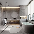 Luxurious Bathroom Interior With Marble Walls Glass Shower Enclosure Round Mirrors And Freestanding Bathtub