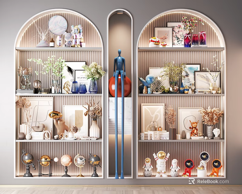 Stylish Decorative Ornaments Set On Arched Shelves With Vases Photo Frames And Astronaut Figurines 3d model 