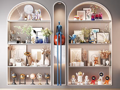 Stylish Decorative Ornaments Set On Arched Shelves With Vases Photo Frames And Astronaut Figurines 3d model