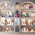 Stylish Decorative Ornaments Set On Arched Shelves With Vases Photo Frames And Astronaut Figurines
