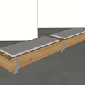 Long Modern Wooden Stools With Gray Padded Seats And Metal Hardware