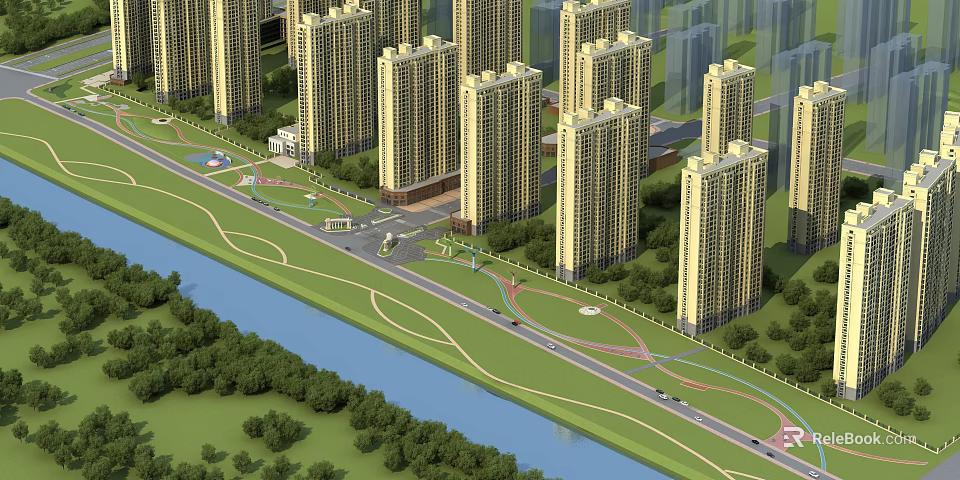 High Rise Residential Buildings Along River With Green Spaces And Park Facilities 3d model 
