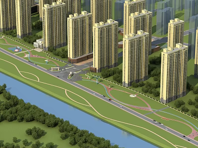 High Rise Residential Buildings Along River With Green Spaces And Park Facilities 3d model