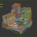 Cartoon Scene With Colorful Buildings Red Roofs Square Tables Chairs And Fountain
