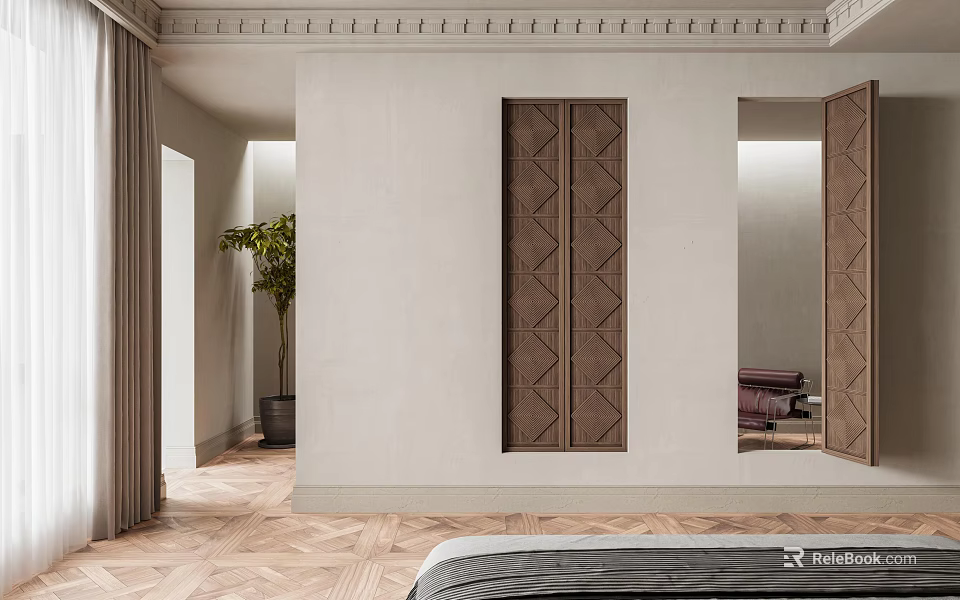 Open Modern Casement Windows in Bedroom with Wooden Flooring Curtains Plants and Decorative Wall Panels 3d model 