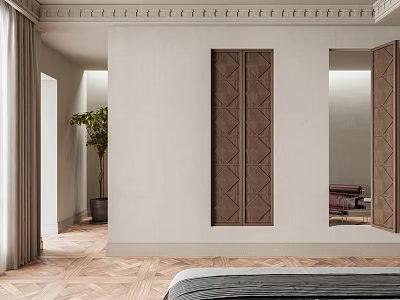 Open Modern Casement Windows in Bedroom with Wooden Flooring Curtains Plants and Decorative Wall Panels 3d model