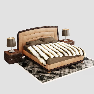 Elegant Double Bed With Leather Headboard Wooden Nightstands Table Lamps Striped Fur Blanket And Rug 3d model