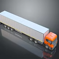 Orange Cab Truck With Long White Trailer And Multiple Wheels On Dark Reflective Surface