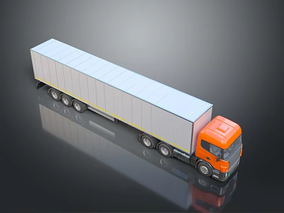 Orange Cab Truck With Long White Trailer And Multiple Wheels On Dark Reflective Surface 3d model