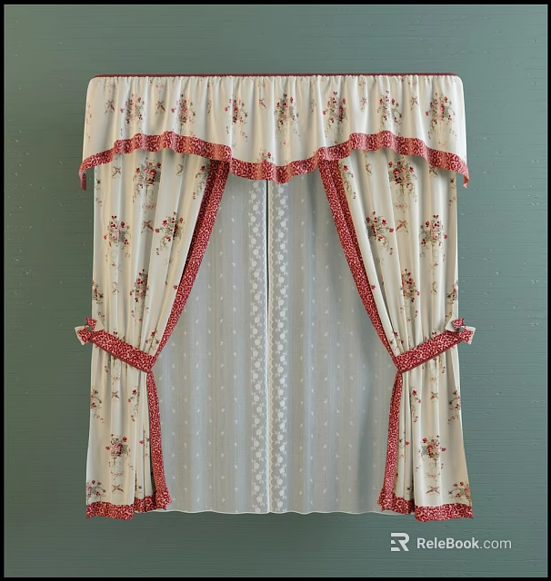 Beige Floral Curtains With Red Trim Pleated Top Red Tiebacks And White Sheer Layer 3d model 