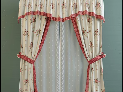Beige Floral Curtains With Red Trim Pleated Top Red Tiebacks And White Sheer Layer 3d model