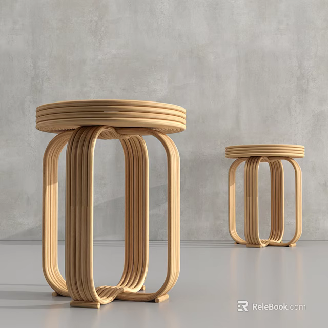Wooden Stools With Round Seats And Curved Slats Against Gray Wall And Floor 3d model 