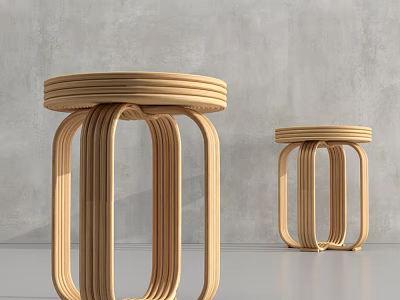 Wooden Stools With Round Seats And Curved Slats Against Gray Wall And Floor 3d model