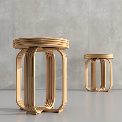Wooden Stools With Round Seats And Curved Slats Against Gray Wall And Floor 3d model