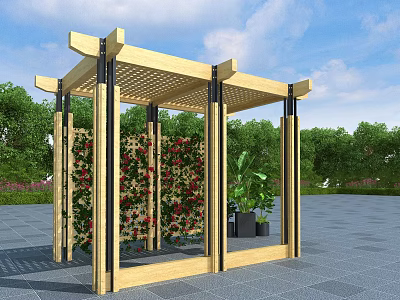 Outdoor Wooden Pergola with Lattice Roof Climbing Red Flowers and Green Plants 3d model