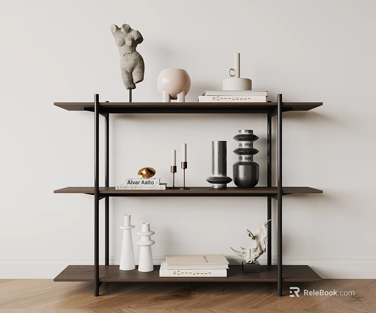 Modern Wooden Shelving Unit With Sculptures Vases Books And Decorative Items 3d model 