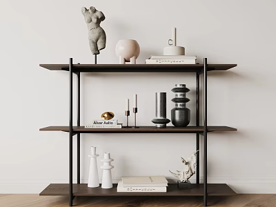 Modern Wooden Shelving Unit With Sculptures Vases Books And Decorative Items 3d model
