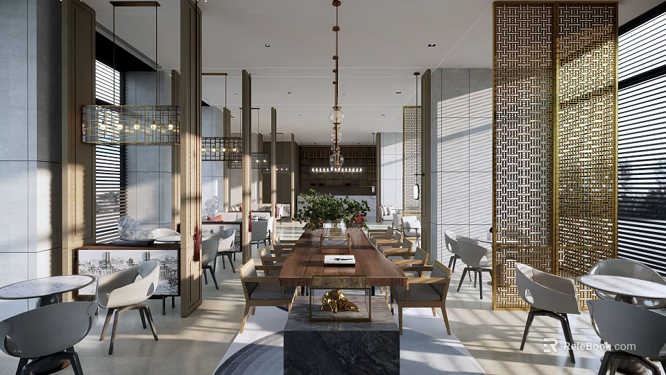 Modern Lounge Area Featuring Long Wooden Table Comfortable Chairs And Brass Screens With Natural Light 3d model 