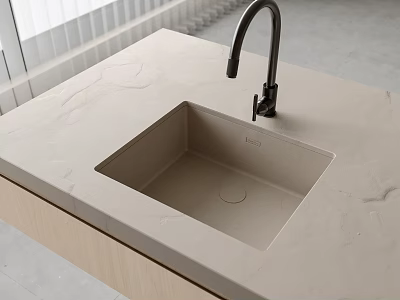 Sleek Modern Kitchen Sink With Light Colored Countertop And Black Faucet 3d model