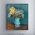 Detailed Botanical Painting Featuring Orange Flowers and Green Leaves in Blue and White Vase