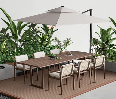 Outdoor Chairs With Wooden Table And Umbrella In Patio Garden Surrounded By Green Plants 3d model