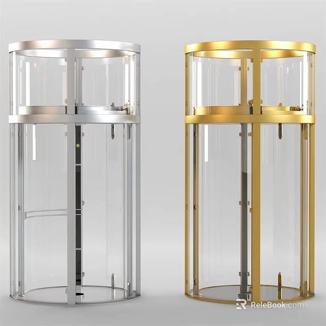 Transparent Glass Revolving Elevator in Silver and Golden Stylish Design 3d model 