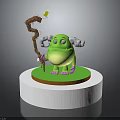 Green Creature Character With Big Eyes Holding Stick And Yellow Flower On White Base