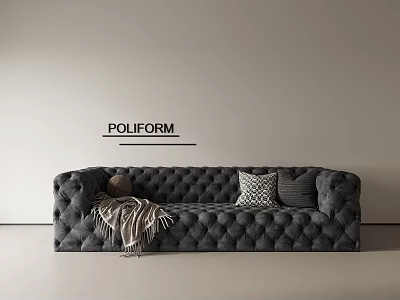 POLIFORM Dark Gray Tufted Sofa Coffee Table Set With Pillows And Throw Blanket 3d model