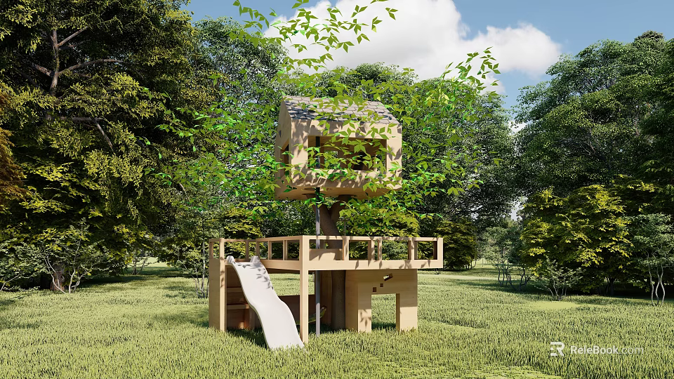 Outdoor Wooden Tree House With Slide And Platform On Green Grassland 3d model 