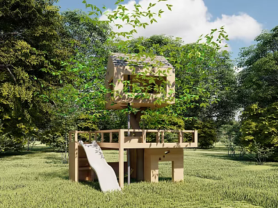 Outdoor Wooden Tree House With Slide And Platform On Green Grassland 3d model