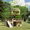 Outdoor Wooden Tree House With Slide And Platform On Green Grassland