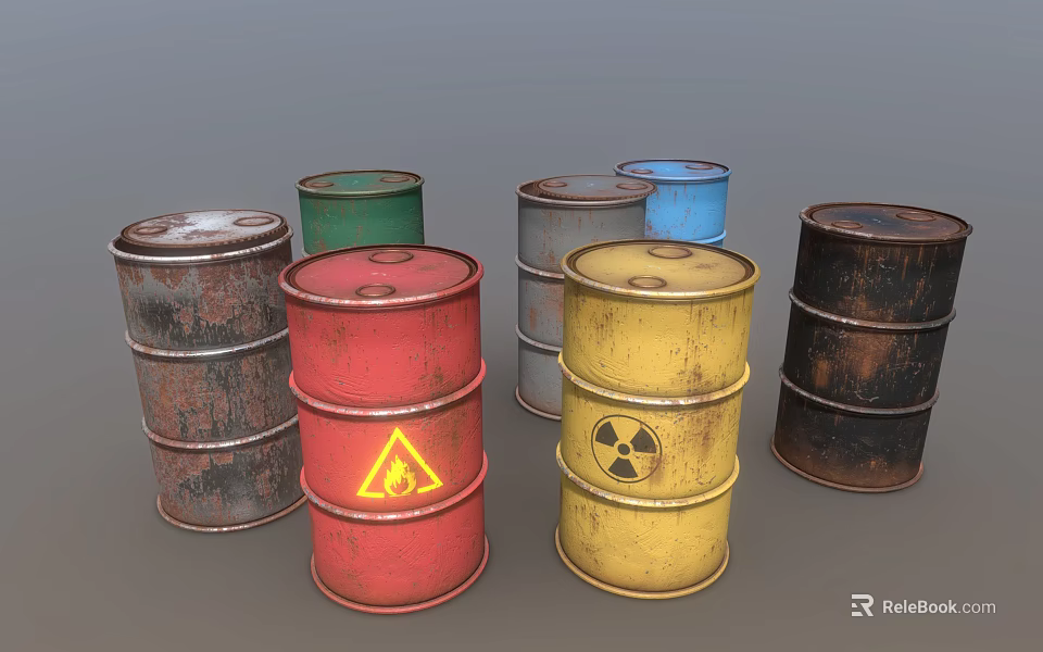 Industrial Equipment Multiple Colored Drums Featuring Hazard Symbols Flame And Radioactive 3d model 