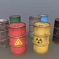 Industrial Equipment Multiple Colored Drums Featuring Hazard Symbols Flame And Radioactive