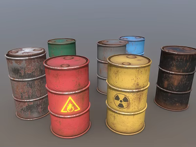 Industrial Equipment Multiple Colored Drums Featuring Hazard Symbols Flame And Radioactive 3d model