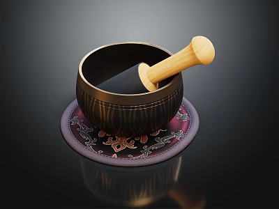 Traditional Copper Mortar with Wooden Pestle on Decorative Embroidered Mat 3d model