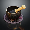 Traditional Copper Mortar with Wooden Pestle on Decorative Embroidered Mat