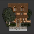 Cartoon Scene of Wooden House With Brown Roof Solar Panels And Surrounding Trees