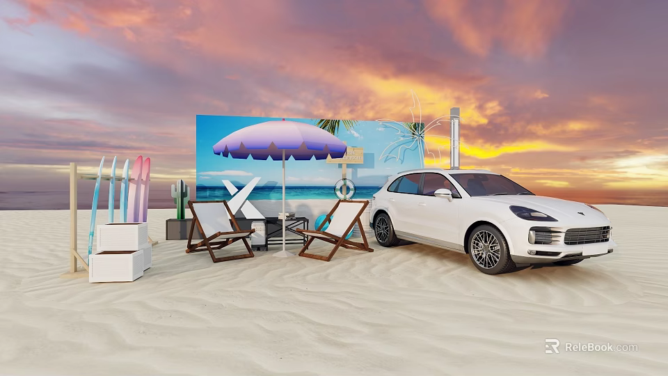 Beachfront Liquor and Tobacco Shop with Sunset View White Car Umbrella Surfboards and Beach Chairs 3d model 