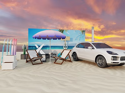 Beachfront Liquor and Tobacco Shop with Sunset View White Car Umbrella Surfboards and Beach Chairs 3d model
