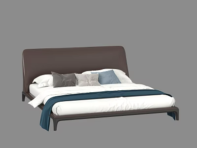 Modern Double Bed with Brown Leather Curved Headboard White Sheets Gray Blue Pillows and Navy Blanket 3d model