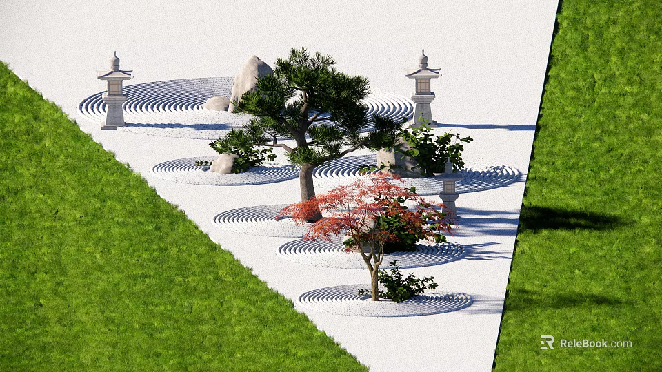 Japanese Zen Garden With Raked Sand Stones Pine Tree Red Maple And Stone Lanterns 3d model 