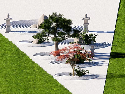 Japanese Zen Garden With Raked Sand Stones Pine Tree Red Maple And Stone Lanterns 3d model