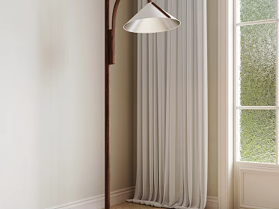 Modern Floor Lamp With Wooden Pole And White Lampshade By Light Wall Near Window Curtains 3d model