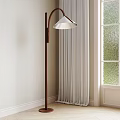 Modern Floor Lamp With Wooden Pole And White Lampshade By Light Wall Near Window Curtains