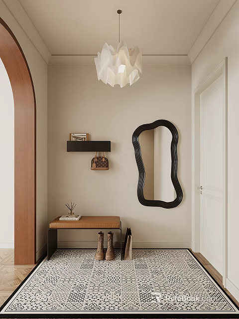 Stylish Entryway Hallway With Black Wavy Mirror Console Table And Pendant Light 3d model 
